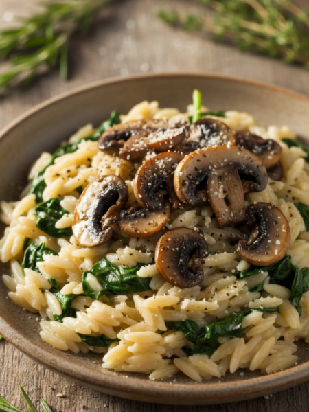 A beautifully plated serving of mushroom spinach orzo, featuring vibrant green spinach leaves intertwined with perfectly cooked orzo pasta, topped with sautéed cremini mushrooms. The dish is garnished with a sprinkle of freshly grated Parmesan cheese and a hint of cracked black pepper. In the foreground, the orzo glistens with a light drizzle of olive oil, showcasing its creamy texture. The background is softly blurred, featuring a rustic wooden table and a hint of fresh herbs scattered artistically. The lighting is warm and inviting, casting gentle shadows that enhance the dish's appetizing appearance. The overall mood is cozy and homely, ideal for a heartwarming meal.