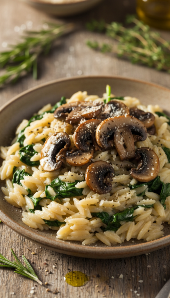 A beautifully plated serving of mushroom spinach orzo, featuring vibrant green spinach leaves intertwined with perfectly cooked orzo pasta, topped with sautéed cremini mushrooms. The dish is garnished with a sprinkle of freshly grated Parmesan cheese and a hint of cracked black pepper. In the foreground, the orzo glistens with a light drizzle of olive oil, showcasing its creamy texture. The background is softly blurred, featuring a rustic wooden table and a hint of fresh herbs scattered artistically. The lighting is warm and inviting, casting gentle shadows that enhance the dish's appetizing appearance. The overall mood is cozy and homely, ideal for a heartwarming meal.