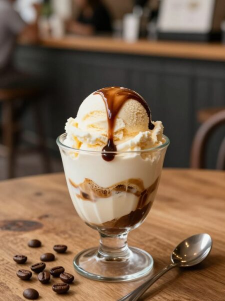 A beautifully presented affogato dessert on a rustic wooden table. The focal point is a clear glass cup filled with creamy vanilla gelato, topped with a rich, dark espresso, cascading over the ice cream. Coffee beans are scattered around the base of the cup, and a delicate stainless steel spoon rests beside it. Soft, natural lighting highlights the glossy textures of the gelato and the coffee, casting gentle shadows that add depth. In the background, a blurred coffee shop ambiance with warm colors, featuring a wooden counter and blurred patrons enjoying their drinks. The overall mood is inviting and cozy, perfect for a delightful coffee experience.