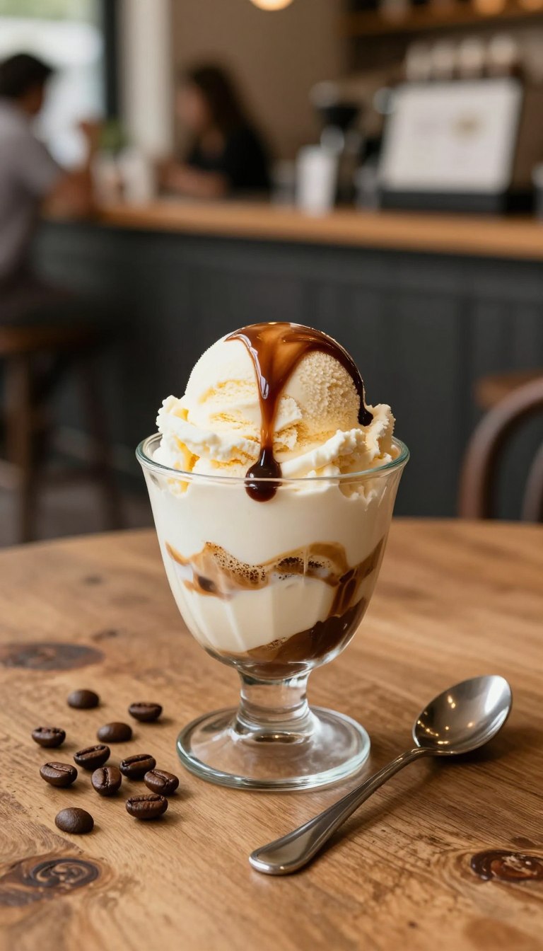 A beautifully presented affogato dessert on a rustic wooden table. The focal point is a clear glass cup filled with creamy vanilla gelato, topped with a rich, dark espresso, cascading over the ice cream. Coffee beans are scattered around the base of the cup, and a delicate stainless steel spoon rests beside it. Soft, natural lighting highlights the glossy textures of the gelato and the coffee, casting gentle shadows that add depth. In the background, a blurred coffee shop ambiance with warm colors, featuring a wooden counter and blurred patrons enjoying their drinks. The overall mood is inviting and cozy, perfect for a delightful coffee experience.