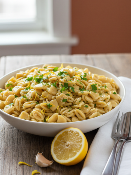A beautifully presented bowl of lemon garlic orzo, filled with fluffy orzo pasta glistening with olive oil and speckled with fresh parsley and lemon zest. In the foreground, a clove of garlic and a halved lemon rest beside the bowl, adding a touch of yellow and aromatic allure. In the middle ground, a rustic wooden table enhances the homey feel, while subtle hints of utensils and an elegant white napkin suggest a prepared dining setting. The background features soft, warm lighting that creates an inviting atmosphere, capturing the essence of comfort food. The image should be shot from an elevated angle to showcase the vibrant colors and textures, emphasizing the freshness of the ingredients and the dish's appetizing appeal.
