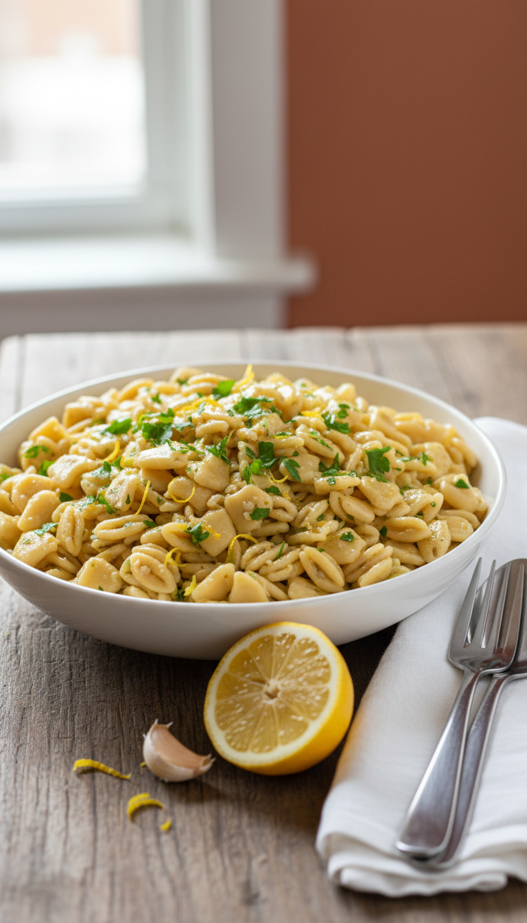 A beautifully presented bowl of lemon garlic orzo, filled with fluffy orzo pasta glistening with olive oil and speckled with fresh parsley and lemon zest. In the foreground, a clove of garlic and a halved lemon rest beside the bowl, adding a touch of yellow and aromatic allure. In the middle ground, a rustic wooden table enhances the homey feel, while subtle hints of utensils and an elegant white napkin suggest a prepared dining setting. The background features soft, warm lighting that creates an inviting atmosphere, capturing the essence of comfort food. The image should be shot from an elevated angle to showcase the vibrant colors and textures, emphasizing the freshness of the ingredients and the dish's appetizing appeal.