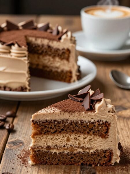 A beautifully presented cappuccino cake, showcasing multiple layers of moist coffee-infused sponge cake combined with rich, velvety cappuccino frosting. In the foreground, the cake is elegantly sliced to reveal its fluffy texture and creamy layers, topped with a light dusting of cocoa powder and delicate chocolate shavings for added appeal. The middle ground features a rustic wooden table setting with a soft white plate holding the cake, a steaming cup of cappuccino, and scattered coffee beans around. The background is softly blurred, hinting at a cozy café ambiance with warm, inviting lighting that casts a gentle glow, enhancing the dessert’s delectable allure. The scene evokes a feeling of comfort and indulgence, ideal for coffee lovers.