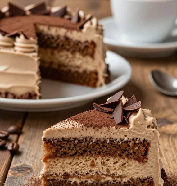 A beautifully presented cappuccino cake, showcasing multiple layers of moist coffee-infused sponge cake combined with rich, velvety cappuccino frosting. In the foreground, the cake is elegantly sliced to reveal its fluffy texture and creamy layers, topped with a light dusting of cocoa powder and delicate chocolate shavings for added appeal. The middle ground features a rustic wooden table setting with a soft white plate holding the cake, a steaming cup of cappuccino, and scattered coffee beans around. The background is softly blurred, hinting at a cozy café ambiance with warm, inviting lighting that casts a gentle glow, enhancing the dessert’s delectable allure. The scene evokes a feeling of comfort and indulgence, ideal for coffee lovers.