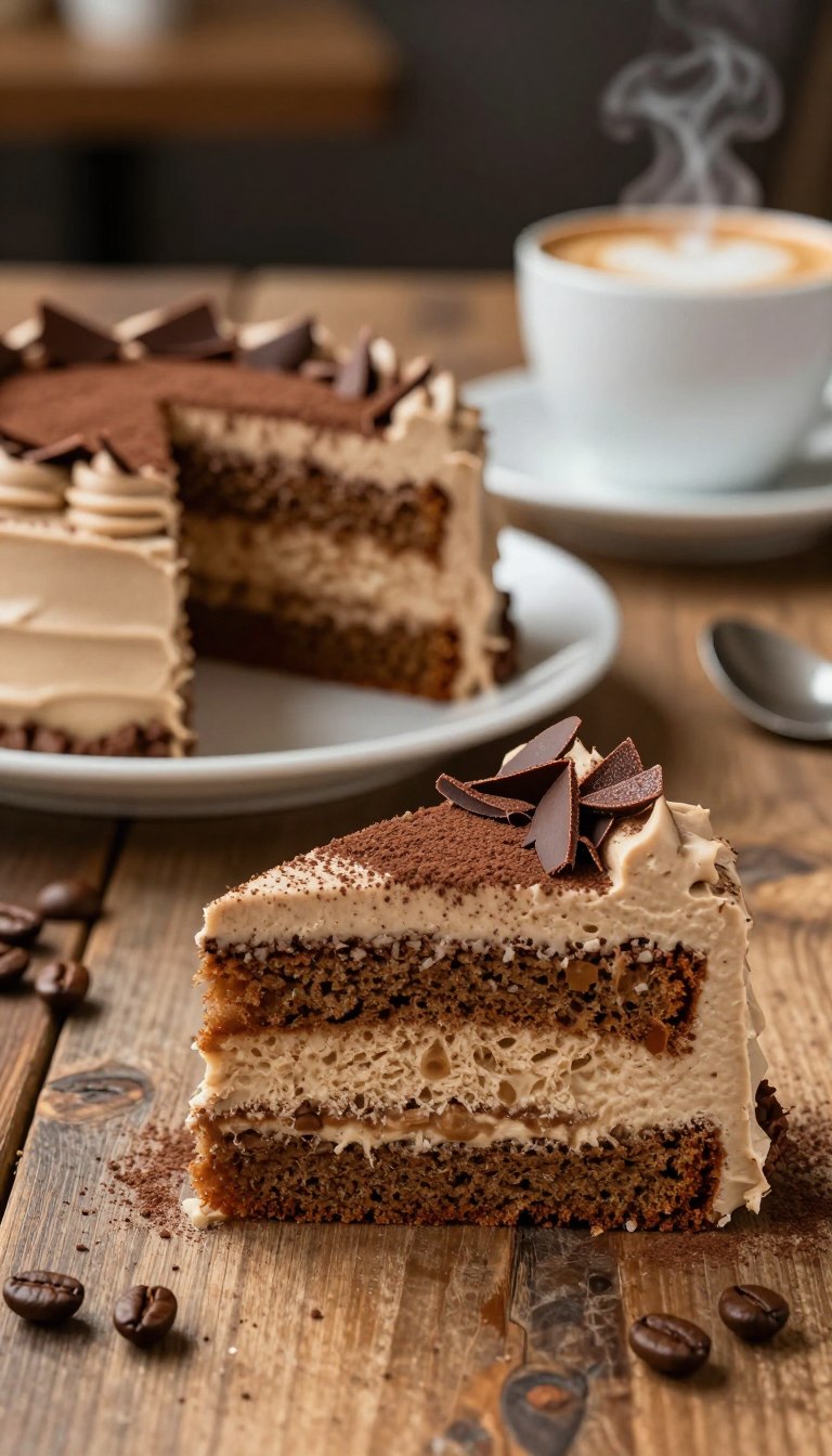 A beautifully presented cappuccino cake, showcasing multiple layers of moist coffee-infused sponge cake combined with rich, velvety cappuccino frosting. In the foreground, the cake is elegantly sliced to reveal its fluffy texture and creamy layers, topped with a light dusting of cocoa powder and delicate chocolate shavings for added appeal. The middle ground features a rustic wooden table setting with a soft white plate holding the cake, a steaming cup of cappuccino, and scattered coffee beans around. The background is softly blurred, hinting at a cozy café ambiance with warm, inviting lighting that casts a gentle glow, enhancing the dessert’s delectable allure. The scene evokes a feeling of comfort and indulgence, ideal for coffee lovers.
