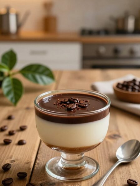 A beautifully presented coffee panna cotta, elegantly set in a delicate glass cup, topped with a rich layer of dark chocolate ganache and a sprinkle of finely ground coffee beans. In the foreground, a spoon rests beside the cup, hinting at the dessert’s creamy texture. The middle ground features a rustic wooden table adorned with scattered coffee beans, and a few coffee plants in soft-focus. The background showcases a warmly lit kitchen with soft, ambient lighting, creating a cozy and inviting atmosphere. The overall mood is warm and indulgent, evoking a sense of comfort and sophistication. Capture the image from a slightly elevated angle to emphasize the panna cotta’s smooth surface and alluring layers.
