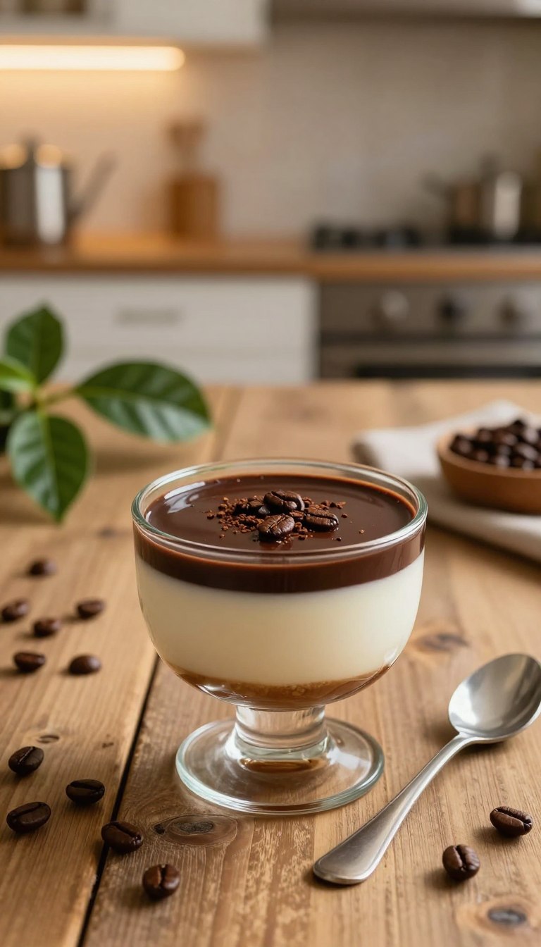 A beautifully presented coffee panna cotta, elegantly set in a delicate glass cup, topped with a rich layer of dark chocolate ganache and a sprinkle of finely ground coffee beans. In the foreground, a spoon rests beside the cup, hinting at the dessert’s creamy texture. The middle ground features a rustic wooden table adorned with scattered coffee beans, and a few coffee plants in soft-focus. The background showcases a warmly lit kitchen with soft, ambient lighting, creating a cozy and inviting atmosphere. The overall mood is warm and indulgent, evoking a sense of comfort and sophistication. Capture the image from a slightly elevated angle to emphasize the panna cotta’s smooth surface and alluring layers.