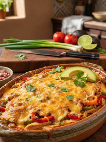 A beautifully styled cheesy fajita casserole, showcasing layers of colorful bell peppers, tender chicken pieces, and melted cheese, bubbling and golden on top. The foreground features a rustic ceramic dish filled with the casserole, garnished with fresh cilantro and slices of avocado. In the middle, a wooden cutting board holds a knife and fresh ingredients—green onions, tomatoes, and lime halves, emphasizing the freshness of the dish. The background is a softly lit kitchen with warm tones and hints of Mexican-style decor, creating a cozy atmosphere. A close-up angle highlights the casserole's texture, while natural light streaming in adds a homey feel, inviting viewers to savor this delightful Mexican meal.