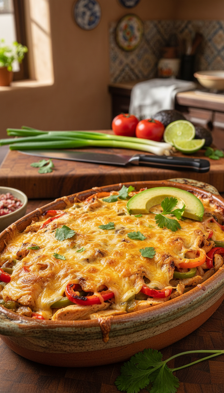 A beautifully styled cheesy fajita casserole, showcasing layers of colorful bell peppers, tender chicken pieces, and melted cheese, bubbling and golden on top. The foreground features a rustic ceramic dish filled with the casserole, garnished with fresh cilantro and slices of avocado. In the middle, a wooden cutting board holds a knife and fresh ingredients—green onions, tomatoes, and lime halves, emphasizing the freshness of the dish. The background is a softly lit kitchen with warm tones and hints of Mexican-style decor, creating a cozy atmosphere. A close-up angle highlights the casserole's texture, while natural light streaming in adds a homey feel, inviting viewers to savor this delightful Mexican meal.