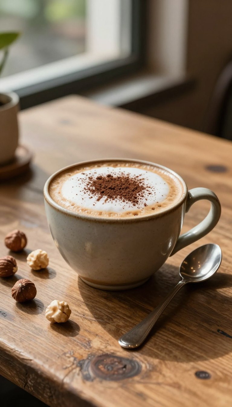 A beautifully styled hazelnut cappuccino in a rustic ceramic cup is placed on a weathered wooden table, with a sprinkle of cocoa powder artfully dusted on top of the creamy froth. The cup is surrounded by raw hazelnuts and a small silver spoon resting beside it. Soft, natural light pours in from a nearby window, casting a warm glow and subtle shadows that enhance the rich textures of the coffee and the surface of the table. In the background, hints of a cozy café setting can be seen - blurred greenery and warm-toned decor evoke an inviting atmosphere. The composition focuses on the cappuccino as the star of the scene, radiating warmth and comfort, perfect for evoking a sense of indulgence and relaxation.