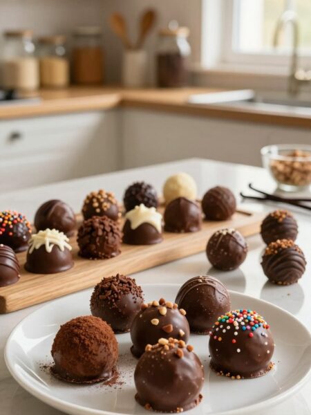 A beautifully styled kitchen countertop featuring an array of homemade chocolate truffles, with different coatings of cocoa powder, crushed nuts, and colorful sprinkles. In the foreground, several truffles are artfully arranged on a white porcelain plate, glistening with a light sheen. The middle ground showcases a wooden board with ingredients like dark chocolate, cream, and vanilla beans, reflecting the no-bake nature of the recipe. The background includes soft-focus shelves adorned with glass jars of ingredients and baking tools, creating a cozy atmosphere. Warm, natural lighting filters in from a window, adding a golden hue to the scene. The overall mood is inviting and homey, evoking a sense of homemade goodness and creativity in candy-making.