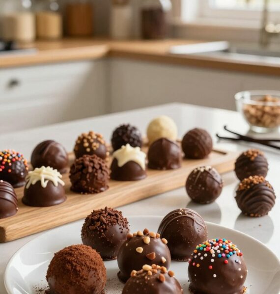 A beautifully styled kitchen countertop featuring an array of homemade chocolate truffles, with different coatings of cocoa powder, crushed nuts, and colorful sprinkles. In the foreground, several truffles are artfully arranged on a white porcelain plate, glistening with a light sheen. The middle ground showcases a wooden board with ingredients like dark chocolate, cream, and vanilla beans, reflecting the no-bake nature of the recipe. The background includes soft-focus shelves adorned with glass jars of ingredients and baking tools, creating a cozy atmosphere. Warm, natural lighting filters in from a window, adding a golden hue to the scene. The overall mood is inviting and homey, evoking a sense of homemade goodness and creativity in candy-making.