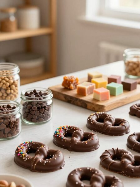 A beautifully styled table scene featuring a selection of simple homemade treats, especially chocolate-covered pretzels. In the foreground, showcase an assortment of pretzels drizzled with glossy milk chocolate and sprinkled with colorful sprinkles or sea salt. Include small glass jars filled with ingredients like chocolate chips and nuts, creating a warm and inviting baking atmosphere. The middle ground displays a rustic wooden cutting board adorned with additional treats, such as chewy caramel candies and colorful fudge squares. The background features soft-focus, cozy kitchen elements, like a light wooden shelf with baking supplies and a hint of sunlight streaming through a nearby window, casting a gentle glow. The overall mood is warm, inviting, and perfect for homemade indulgence. Use natural lighting to emphasize the textures of the treats.