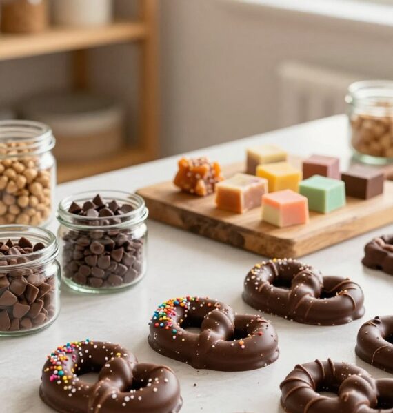 A beautifully styled table scene featuring a selection of simple homemade treats, especially chocolate-covered pretzels. In the foreground, showcase an assortment of pretzels drizzled with glossy milk chocolate and sprinkled with colorful sprinkles or sea salt. Include small glass jars filled with ingredients like chocolate chips and nuts, creating a warm and inviting baking atmosphere. The middle ground displays a rustic wooden cutting board adorned with additional treats, such as chewy caramel candies and colorful fudge squares. The background features soft-focus, cozy kitchen elements, like a light wooden shelf with baking supplies and a hint of sunlight streaming through a nearby window, casting a gentle glow. The overall mood is warm, inviting, and perfect for homemade indulgence. Use natural lighting to emphasize the textures of the treats.