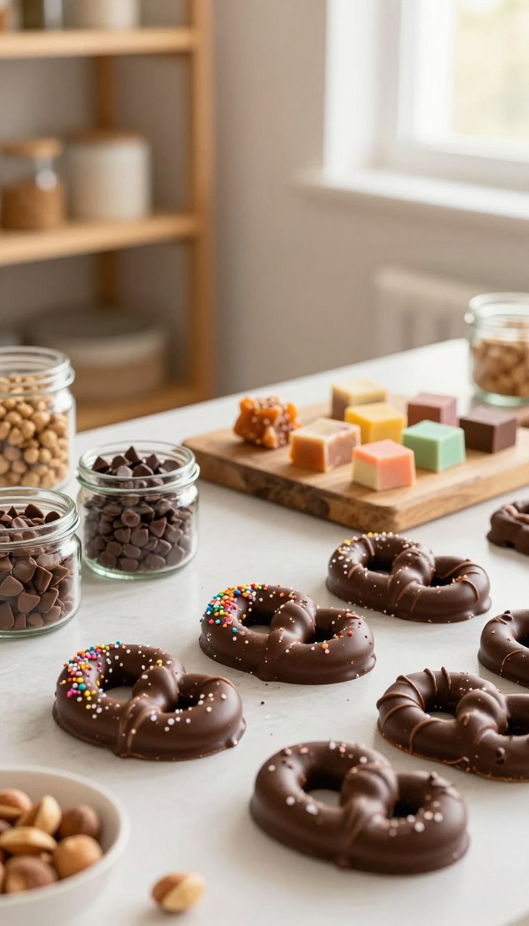 A beautifully styled table scene featuring a selection of simple homemade treats, especially chocolate-covered pretzels. In the foreground, showcase an assortment of pretzels drizzled with glossy milk chocolate and sprinkled with colorful sprinkles or sea salt. Include small glass jars filled with ingredients like chocolate chips and nuts, creating a warm and inviting baking atmosphere. The middle ground displays a rustic wooden cutting board adorned with additional treats, such as chewy caramel candies and colorful fudge squares. The background features soft-focus, cozy kitchen elements, like a light wooden shelf with baking supplies and a hint of sunlight streaming through a nearby window, casting a gentle glow. The overall mood is warm, inviting, and perfect for homemade indulgence. Use natural lighting to emphasize the textures of the treats.