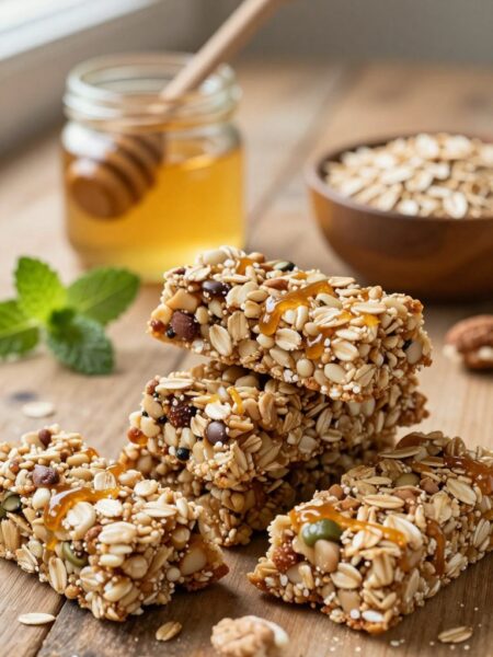 A close-up composition of a stack of honey oat whey protein granola bars, artfully arranged on a rustic wooden table. The bars should be visibly textured, featuring clusters of oats, honey drizzles, and protein-rich ingredients. In the foreground, a few bars are broken apart to reveal the chewy interior filled with nuts and seeds. In the middle background, a small honey jar with a wooden dipper sits beside a bowl of oats and scattered nuts. The scene is warmly lit with soft, natural light filtering in from a nearby window, casting gentle shadows. Add a touch of greenery with a sprig of fresh mint for contrast. The mood is inviting and healthy, perfect for inspiring a wholesome lifestyle.