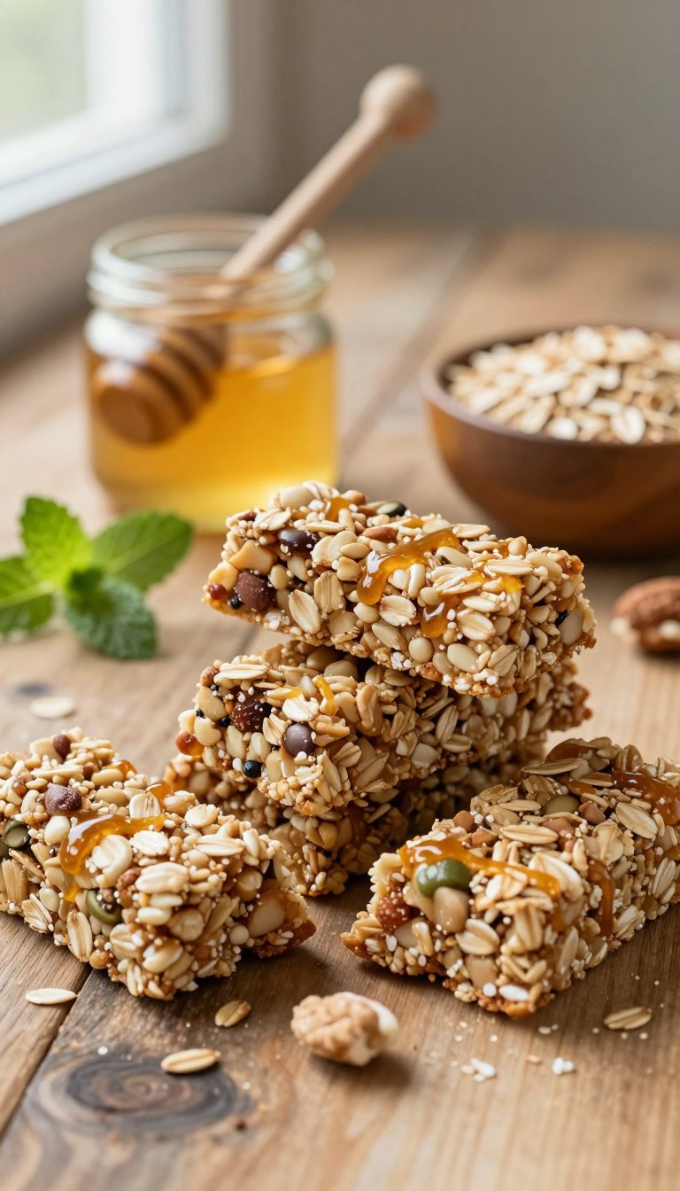 A close-up composition of a stack of honey oat whey protein granola bars, artfully arranged on a rustic wooden table. The bars should be visibly textured, featuring clusters of oats, honey drizzles, and protein-rich ingredients. In the foreground, a few bars are broken apart to reveal the chewy interior filled with nuts and seeds. In the middle background, a small honey jar with a wooden dipper sits beside a bowl of oats and scattered nuts. The scene is warmly lit with soft, natural light filtering in from a nearby window, casting gentle shadows. Add a touch of greenery with a sprig of fresh mint for contrast. The mood is inviting and healthy, perfect for inspiring a wholesome lifestyle.