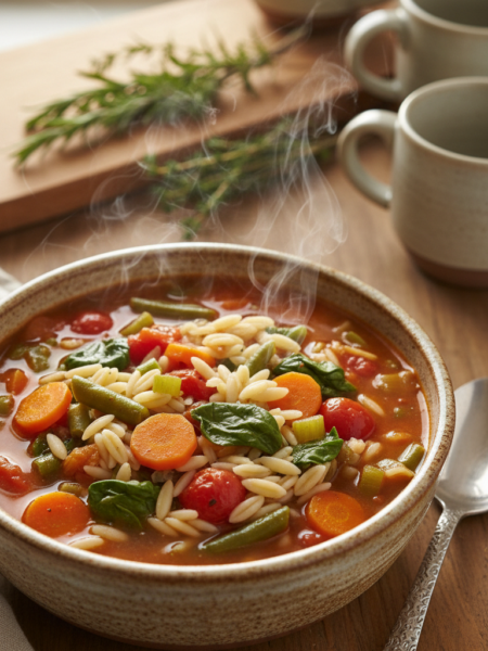 A close-up image of a bowl of orzo minestrone soup, filled with vibrant vegetables like green beans, carrots, and diced tomatoes, complemented by tender orzo pasta. The soup is steaming, creating a warm and inviting atmosphere. The foreground features the bowl, made of rustic ceramic, with a spoon resting beside it. In the background, softly blurred, there are hints of a cozy kitchen setting with wooden utensils and herbs, adding to the homely feel. Golden, natural light filters in, casting a gentle glow on the scene. The angle is slightly elevated, giving a top-down view that highlights the colorful ingredients and texture of the soup, eliciting a sense of comfort and warmth.