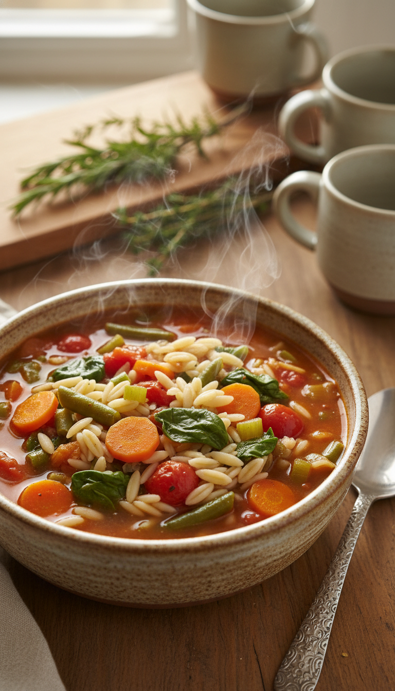 A close-up image of a bowl of orzo minestrone soup, filled with vibrant vegetables like green beans, carrots, and diced tomatoes, complemented by tender orzo pasta. The soup is steaming, creating a warm and inviting atmosphere. The foreground features the bowl, made of rustic ceramic, with a spoon resting beside it. In the background, softly blurred, there are hints of a cozy kitchen setting with wooden utensils and herbs, adding to the homely feel. Golden, natural light filters in, casting a gentle glow on the scene. The angle is slightly elevated, giving a top-down view that highlights the colorful ingredients and texture of the soup, eliciting a sense of comfort and warmth.