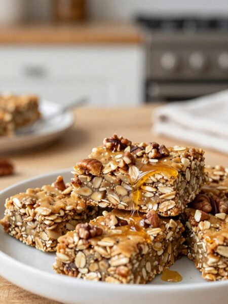 A close-up image of a plate featuring homemade maple pecan protein oat bars, artistically arranged with a sprinkle of chopped pecans and a drizzle of maple syrup on top. The bars should have a golden-brown color, showcasing a textured, chewy interior with visible oats and nuts. In the background, a rustic kitchen setting with soft, natural lighting emphasizes a warm, inviting atmosphere. The scene captures the essence of health and indulgence, with a wooden table and subtle greenery in the backdrop. Use a soft focus for the background elements to ensure the protein bars are the focal point, creating a cozy and appetizing mood.