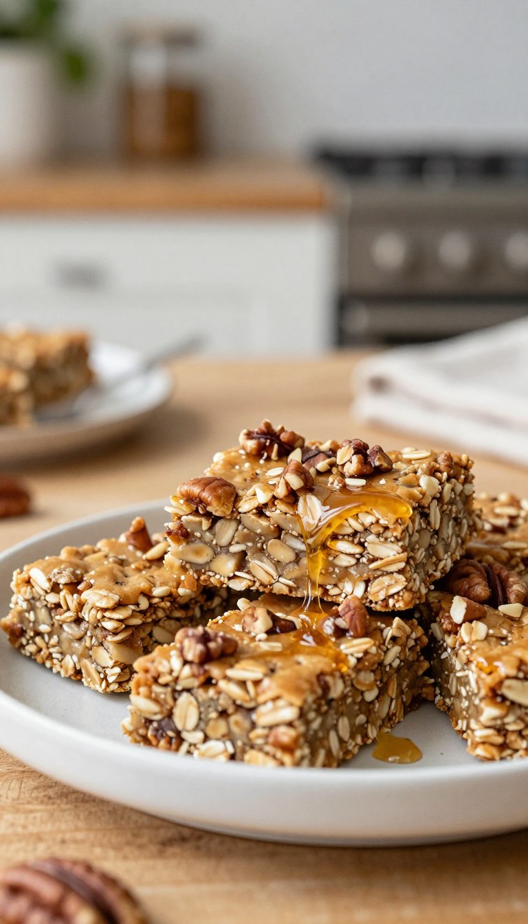 A close-up image of a plate featuring homemade maple pecan protein oat bars, artistically arranged with a sprinkle of chopped pecans and a drizzle of maple syrup on top. The bars should have a golden-brown color, showcasing a textured, chewy interior with visible oats and nuts. In the background, a rustic kitchen setting with soft, natural lighting emphasizes a warm, inviting atmosphere. The scene captures the essence of health and indulgence, with a wooden table and subtle greenery in the backdrop. Use a soft focus for the background elements to ensure the protein bars are the focal point, creating a cozy and appetizing mood.