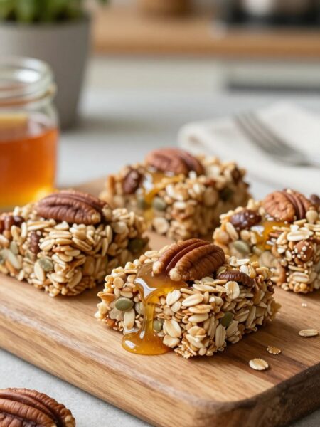 A close-up image of no-bake maple pecan granola bars, arranged beautifully on a rustic wooden board. The bars should be topped with a drizzle of golden maple syrup, highlighting the crunchy pecans and a blend of oats and seeds. In the foreground, a handful of pecans and a small jar of pure maple syrup can be seen, adding texture and context. Soft, natural lighting filters in from the side, creating a warm, inviting atmosphere that emphasizes the wholesome ingredients. The background is softly blurred, featuring a cozy kitchen setting with hints of greenery, such as a small potted herb plant, enhancing the feeling of homemade goodness. The overall mood is warm and inviting, perfect for healthy snacking.