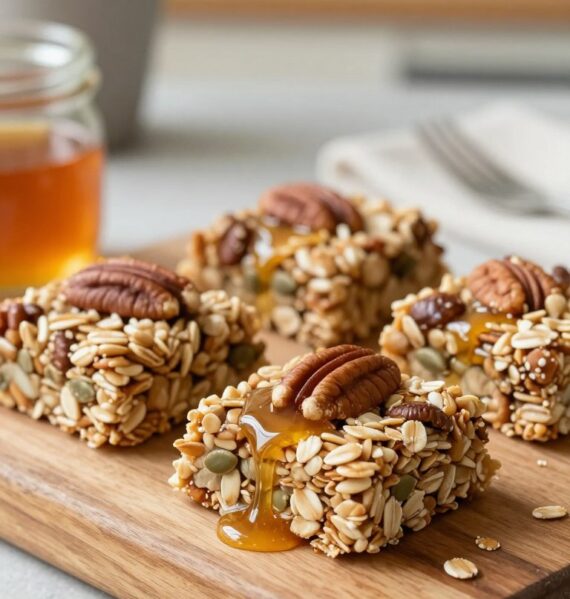 A close-up image of no-bake maple pecan granola bars, arranged beautifully on a rustic wooden board. The bars should be topped with a drizzle of golden maple syrup, highlighting the crunchy pecans and a blend of oats and seeds. In the foreground, a handful of pecans and a small jar of pure maple syrup can be seen, adding texture and context. Soft, natural lighting filters in from the side, creating a warm, inviting atmosphere that emphasizes the wholesome ingredients. The background is softly blurred, featuring a cozy kitchen setting with hints of greenery, such as a small potted herb plant, enhancing the feeling of homemade goodness. The overall mood is warm and inviting, perfect for healthy snacking.