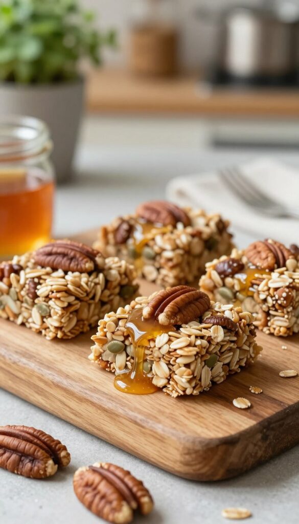 A close-up image of no-bake maple pecan granola bars, arranged beautifully on a rustic wooden board. The bars should be topped with a drizzle of golden maple syrup, highlighting the crunchy pecans and a blend of oats and seeds. In the foreground, a handful of pecans and a small jar of pure maple syrup can be seen, adding texture and context. Soft, natural lighting filters in from the side, creating a warm, inviting atmosphere that emphasizes the wholesome ingredients. The background is softly blurred, featuring a cozy kitchen setting with hints of greenery, such as a small potted herb plant, enhancing the feeling of homemade goodness. The overall mood is warm and inviting, perfect for healthy snacking.