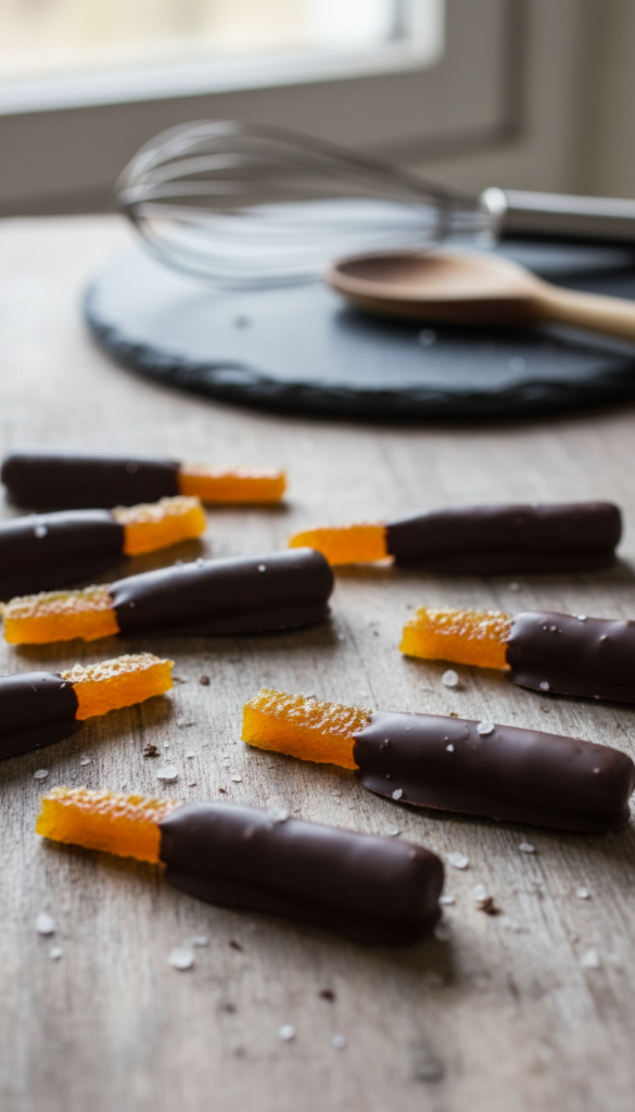 A close-up of beautifully arranged chocolate-dipped candied orange peels, showcasing their glossy, dark chocolate coating glistening under soft, diffused natural light. The orange peels have a vibrant, bright orange hue, contrasting elegantly with the rich chocolate. In the foreground, the candied peels are artfully placed on a rustic wooden table, with a few sprinkled sea salt flakes on top for additional texture. In the background, a blurred selection of casually placed kitchen utensils and a hint of a dark slate plate provide a warm, inviting kitchen atmosphere. The image captures a cozy, indulgent mood, perfect for highlighting the deliciousness of the treat, as the shallow depth of field focuses on the candied peels while gently blurring the surroundings.