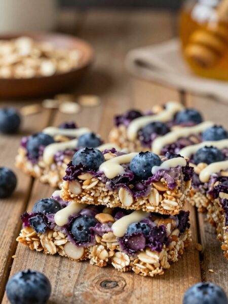 A close-up of delicious blueberry protein granola bars arranged on a rustic wooden table, showcasing their textured surfaces speckled with fresh blueberries and a drizzle of creamy vanilla. The bars are sliced to reveal their chewy interior, emphasizing oats and nuts intertwined with juicy blueberry pieces. Soft, warm lighting creates a cozy atmosphere, highlighting the natural colors of purple, blue, and golden-brown tones. In the background, a blurred out rustic kitchen setting with a hint of healthy ingredients like raw oats and honey to complement the theme. The scene conveys a sense of health and indulgence, perfect for nutritious snacking.