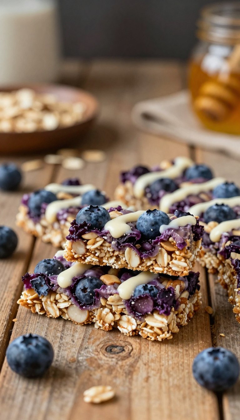 A close-up of delicious blueberry protein granola bars arranged on a rustic wooden table, showcasing their textured surfaces speckled with fresh blueberries and a drizzle of creamy vanilla. The bars are sliced to reveal their chewy interior, emphasizing oats and nuts intertwined with juicy blueberry pieces. Soft, warm lighting creates a cozy atmosphere, highlighting the natural colors of purple, blue, and golden-brown tones. In the background, a blurred out rustic kitchen setting with a hint of healthy ingredients like raw oats and honey to complement the theme. The scene conveys a sense of health and indulgence, perfect for nutritious snacking.