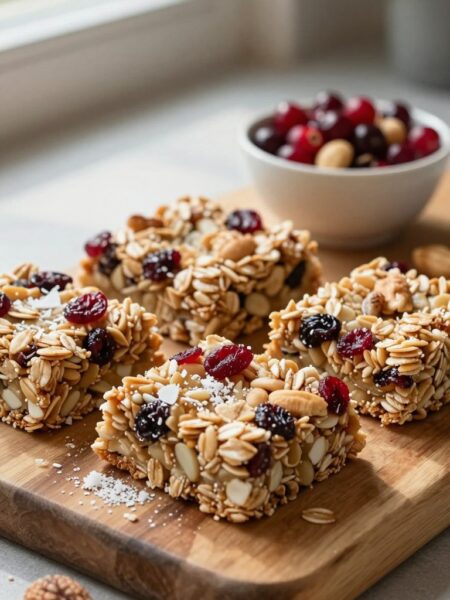 A close-up of freshly made no-bake cranberry nut granola bars arranged neatly on a rustic wooden cutting board. The bars should be densely packed with ingredients such as oats, dried cranberries, and mixed nuts, showcasing their chewy, textured surface. In the foreground, a sprinkle of coconut flakes and a few whole nuts add visual interest. The middle ground features a small bowl filled with additional cranberries and nuts, suggesting an ingredient display. Soft, natural light filters through a nearby window, casting gentle shadows and creating a warm, inviting atmosphere. The background is softly blurred, hinting at a cozy kitchen setting, with a hint of greenery from a potted plant. The overall mood is wholesome and homey, perfect for healthy snacking.