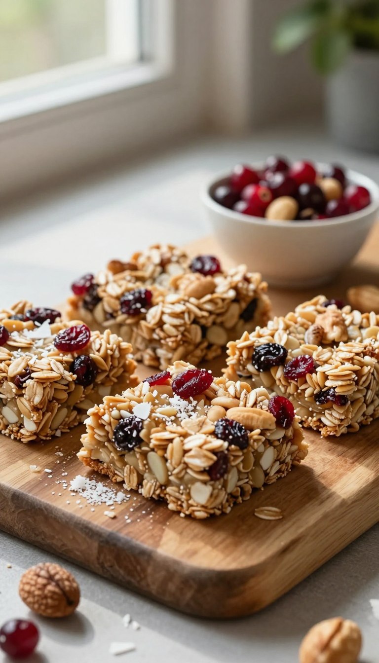 A close-up of freshly made no-bake cranberry nut granola bars arranged neatly on a rustic wooden cutting board. The bars should be densely packed with ingredients such as oats, dried cranberries, and mixed nuts, showcasing their chewy, textured surface. In the foreground, a sprinkle of coconut flakes and a few whole nuts add visual interest. The middle ground features a small bowl filled with additional cranberries and nuts, suggesting an ingredient display. Soft, natural light filters through a nearby window, casting gentle shadows and creating a warm, inviting atmosphere. The background is softly blurred, hinting at a cozy kitchen setting, with a hint of greenery from a potted plant. The overall mood is wholesome and homey, perfect for healthy snacking.