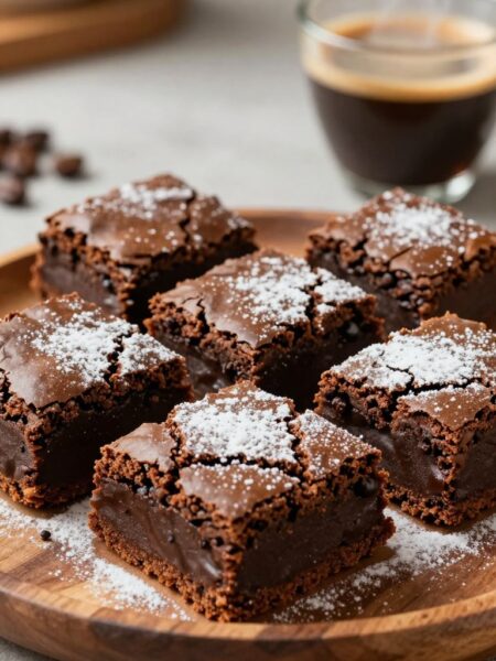 A close-up of rich, fudgy espresso brownies arranged on a rustic wooden plate, showcasing a glossy, crackled top and a dusting of powdered sugar. The brownies should be cut into generous squares, revealing a moist, chocolatey interior with hints of coffee. In the background, a soft-focus espresso cup emits wisps of steam, enhancing the coffee theme. Warm, natural lighting illuminates the scene, creating inviting shadows that emphasize the texture of the brownies. The composition should be shot from a slightly elevated angle to capture the delectable details, while a blurred kitchen countertop adds depth and a cozy atmosphere, inviting the viewer to indulge in this delicious coffee-infused treat.