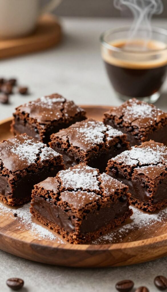 A close-up of rich, fudgy espresso brownies arranged on a rustic wooden plate, showcasing a glossy, crackled top and a dusting of powdered sugar. The brownies should be cut into generous squares, revealing a moist, chocolatey interior with hints of coffee. In the background, a soft-focus espresso cup emits wisps of steam, enhancing the coffee theme. Warm, natural lighting illuminates the scene, creating inviting shadows that emphasize the texture of the brownies. The composition should be shot from a slightly elevated angle to capture the delectable details, while a blurred kitchen countertop adds depth and a cozy atmosphere, inviting the viewer to indulge in this delicious coffee-infused treat.