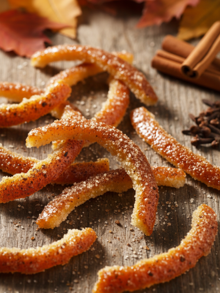 A close-up of spiced candied orange peel pieces arranged artistically on a rustic wooden table. The orange peels should glisten with a sugary glaze, hinting at cinnamon and clove spices sprinkled on top, creating a warm and inviting atmosphere. The background features softly blurred autumn leaves, enhancing the seasonal feel. Warm, natural lighting casts gentle shadows, emphasizing the texture of the candied peel and the rich colors of orange and brown. The camera angle should be a slight top-down view, focusing on the sugary coating and spiced elements, inviting the viewer to enjoy this delightful treat. The overall mood is cozy and festive, suggesting a homemade, artisanal quality.