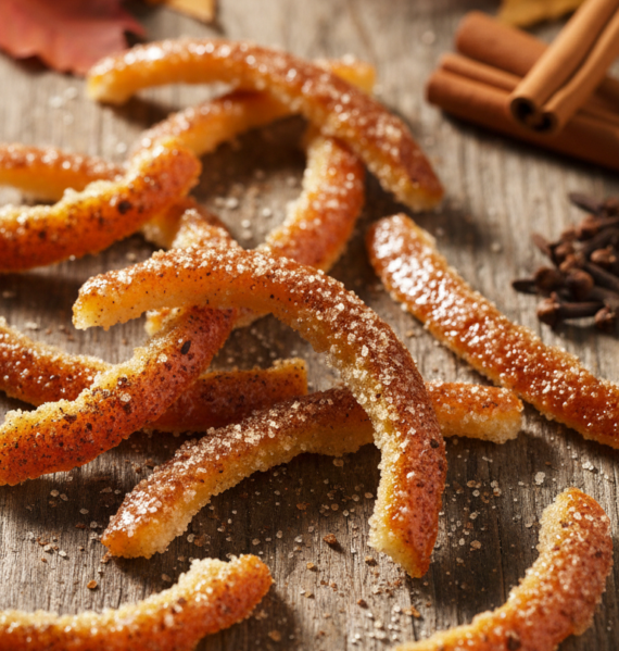 A close-up of spiced candied orange peel pieces arranged artistically on a rustic wooden table. The orange peels should glisten with a sugary glaze, hinting at cinnamon and clove spices sprinkled on top, creating a warm and inviting atmosphere. The background features softly blurred autumn leaves, enhancing the seasonal feel. Warm, natural lighting casts gentle shadows, emphasizing the texture of the candied peel and the rich colors of orange and brown. The camera angle should be a slight top-down view, focusing on the sugary coating and spiced elements, inviting the viewer to enjoy this delightful treat. The overall mood is cozy and festive, suggesting a homemade, artisanal quality.