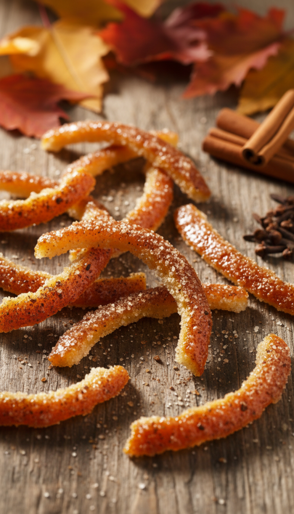 A close-up of spiced candied orange peel pieces arranged artistically on a rustic wooden table. The orange peels should glisten with a sugary glaze, hinting at cinnamon and clove spices sprinkled on top, creating a warm and inviting atmosphere. The background features softly blurred autumn leaves, enhancing the seasonal feel. Warm, natural lighting casts gentle shadows, emphasizing the texture of the candied peel and the rich colors of orange and brown. The camera angle should be a slight top-down view, focusing on the sugary coating and spiced elements, inviting the viewer to enjoy this delightful treat. The overall mood is cozy and festive, suggesting a homemade, artisanal quality.
