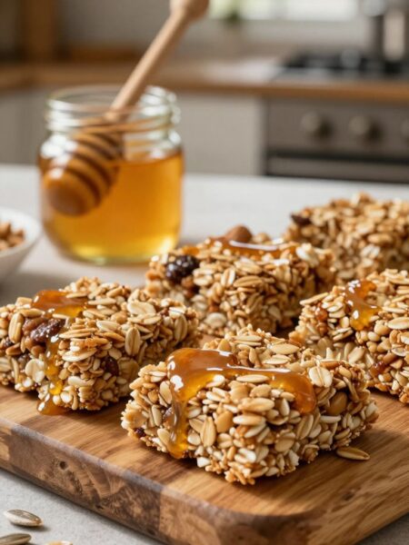 A close-up shot of no-bake honey oat granola bars arranged neatly on a rustic wooden platter. The bars are golden brown, studded with oats, nuts, and drizzled with honey, giving a glossy finish. In the foreground, sprinkle a few oats and sunflower seeds around the bars to enhance the natural texture. The middle-ground features a small honey jar with a wooden dipper, inviting the viewer to imagine the sweetness. The background softly blurs, showing a cozy kitchen environment with warm, natural light filtering in through a window, casting gentle shadows. This creates a wholesome and inviting atmosphere, perfect for showcasing healthy snacking options.