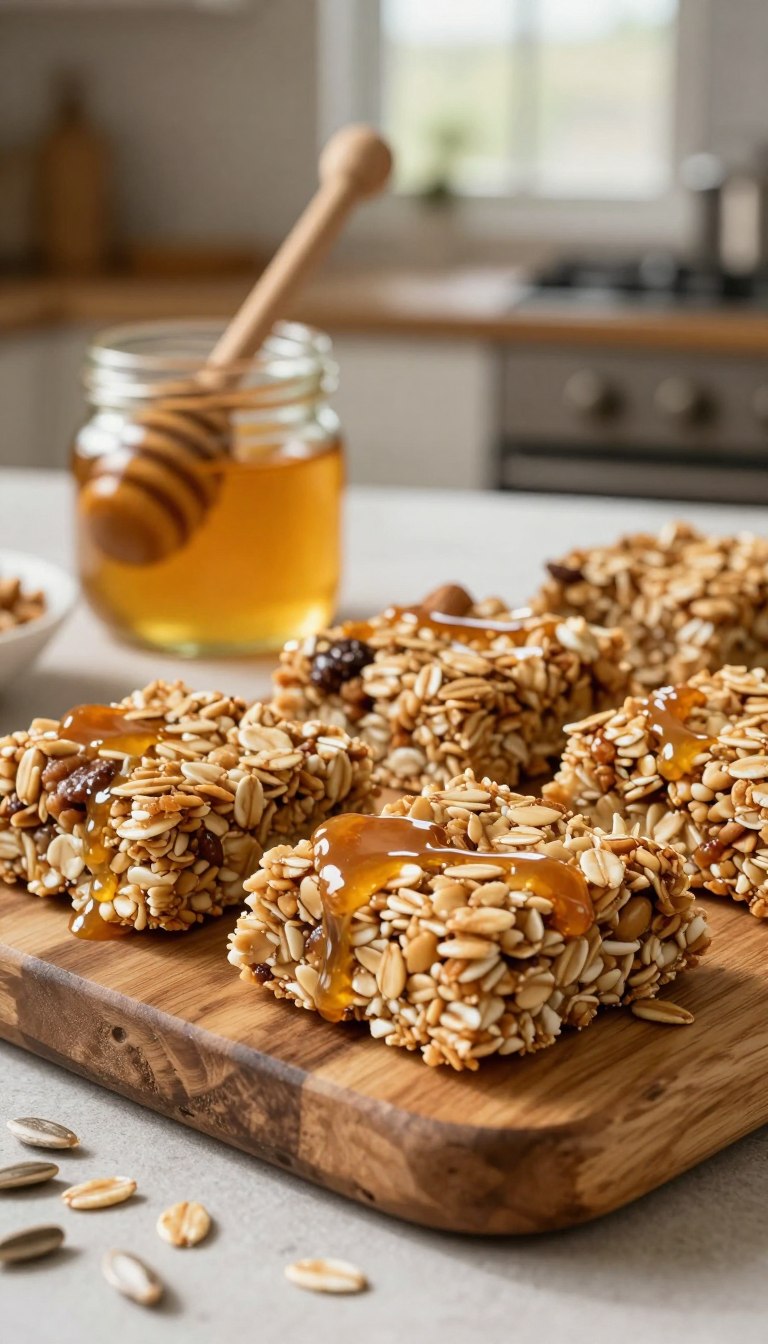 A close-up shot of no-bake honey oat granola bars arranged neatly on a rustic wooden platter. The bars are golden brown, studded with oats, nuts, and drizzled with honey, giving a glossy finish. In the foreground, sprinkle a few oats and sunflower seeds around the bars to enhance the natural texture. The middle-ground features a small honey jar with a wooden dipper, inviting the viewer to imagine the sweetness. The background softly blurs, showing a cozy kitchen environment with warm, natural light filtering in through a window, casting gentle shadows. This creates a wholesome and inviting atmosphere, perfect for showcasing healthy snacking options.