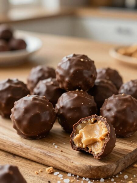 A close-up view of a beautifully arranged plate of homemade peanut butter balls, also known as buckeyes, sitting on a rustic wooden table. The treats are perfectly round, coated in rich, glossy chocolate, with a slight peek of the creamy peanut butter filling at the center. In the foreground, a few bites have been taken out, showcasing the delicious interior texture. The middle ground features light crumbs and a sprinkle of coarse sea salt for contrast. The background is softly blurred, highlighting warm, inviting kitchen décor with soft, natural light filtering through a nearby window, creating a cozy and inviting atmosphere. The image should evoke feelings of nostalgia and homemade goodness, perfect for a treat enjoyed with family and friends.