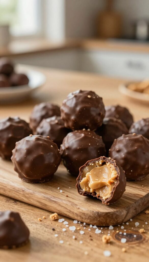 A close-up view of a beautifully arranged plate of homemade peanut butter balls, also known as buckeyes, sitting on a rustic wooden table. The treats are perfectly round, coated in rich, glossy chocolate, with a slight peek of the creamy peanut butter filling at the center. In the foreground, a few bites have been taken out, showcasing the delicious interior texture. The middle ground features light crumbs and a sprinkle of coarse sea salt for contrast. The background is softly blurred, highlighting warm, inviting kitchen décor with soft, natural light filtering through a nearby window, creating a cozy and inviting atmosphere. The image should evoke feelings of nostalgia and homemade goodness, perfect for a treat enjoyed with family and friends.