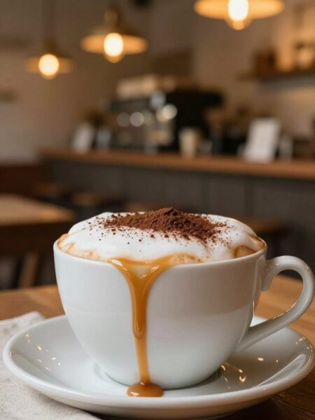 A close-up view of a caramel cappuccino in a delicate white ceramic cup, topped with a thick layer of frothy milk expertly sprinkled with rich cocoa powder. Drizzling caramel sauce cascades down the sides of the cup, adding a glossy finish. The foreground features a cozy wooden table with a soft linen napkin beside the cup, enhancing the warm, inviting atmosphere. In the middle background, there is a blurred image of a rustic café ambiance with soft, golden lighting emanating from vintage pendant lamps. The overall mood is comforting and indulgent, perfect for a relaxing coffee moment. The angle is slightly tilted for a dynamic perspective, capturing the essence of a delightful coffee experience.