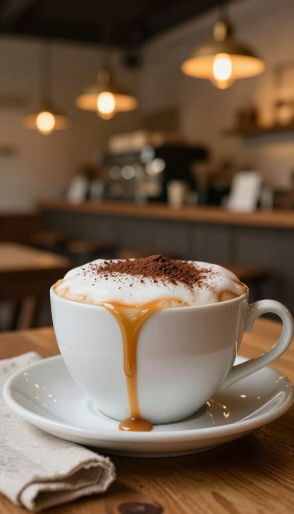 A close-up view of a caramel cappuccino in a delicate white ceramic cup, topped with a thick layer of frothy milk expertly sprinkled with rich cocoa powder. Drizzling caramel sauce cascades down the sides of the cup, adding a glossy finish. The foreground features a cozy wooden table with a soft linen napkin beside the cup, enhancing the warm, inviting atmosphere. In the middle background, there is a blurred image of a rustic café ambiance with soft, golden lighting emanating from vintage pendant lamps. The overall mood is comforting and indulgent, perfect for a relaxing coffee moment. The angle is slightly tilted for a dynamic perspective, capturing the essence of a delightful coffee experience.