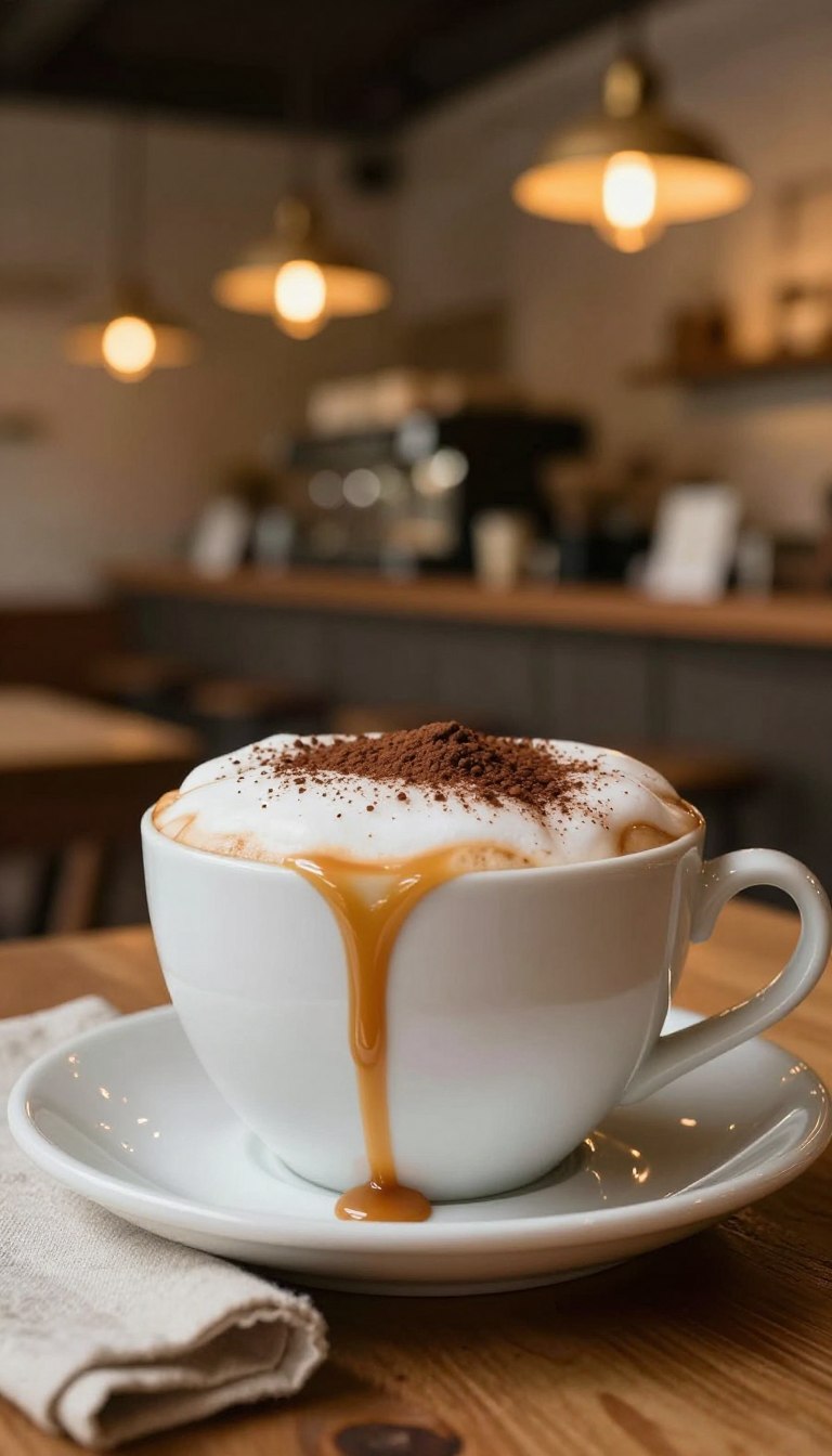 A close-up view of a caramel cappuccino in a delicate white ceramic cup, topped with a thick layer of frothy milk expertly sprinkled with rich cocoa powder. Drizzling caramel sauce cascades down the sides of the cup, adding a glossy finish. The foreground features a cozy wooden table with a soft linen napkin beside the cup, enhancing the warm, inviting atmosphere. In the middle background, there is a blurred image of a rustic café ambiance with soft, golden lighting emanating from vintage pendant lamps. The overall mood is comforting and indulgent, perfect for a relaxing coffee moment. The angle is slightly tilted for a dynamic perspective, capturing the essence of a delightful coffee experience.
