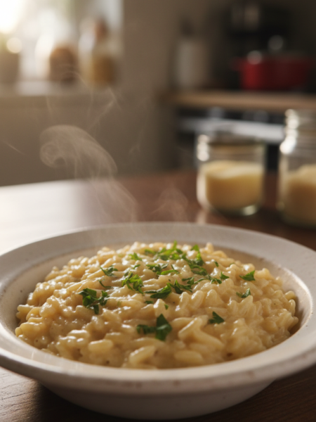 A close-up view of a creamy Parmesan orzo dish, showcasing the tender orzo pasta coated in a rich, velvety sauce made from freshly grated Parmesan cheese. In the foreground, sprinkle finely chopped parsley for a pop of color and garnish. The orzo is served in a rustic, shallow white bowl, with steam gently rising into the soft evening light, creating a warm and inviting atmosphere. The background should feature a simple wooden table with a blurred kitchen setting, hinting at cozy home cooking. Natural light floods the scene from a nearby window, capturing the creamy texture and sheen of the orzo, evoking a sense of comfort and indulgence. The angle should be slightly elevated, focusing on the dish's vibrant details while keeping the surroundings softly out of focus.