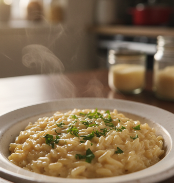 A close-up view of a creamy Parmesan orzo dish, showcasing the tender orzo pasta coated in a rich, velvety sauce made from freshly grated Parmesan cheese. In the foreground, sprinkle finely chopped parsley for a pop of color and garnish. The orzo is served in a rustic, shallow white bowl, with steam gently rising into the soft evening light, creating a warm and inviting atmosphere. The background should feature a simple wooden table with a blurred kitchen setting, hinting at cozy home cooking. Natural light floods the scene from a nearby window, capturing the creamy texture and sheen of the orzo, evoking a sense of comfort and indulgence. The angle should be slightly elevated, focusing on the dish's vibrant details while keeping the surroundings softly out of focus.