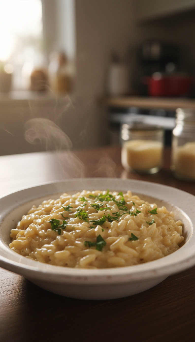 A close-up view of a creamy Parmesan orzo dish, showcasing the tender orzo pasta coated in a rich, velvety sauce made from freshly grated Parmesan cheese. In the foreground, sprinkle finely chopped parsley for a pop of color and garnish. The orzo is served in a rustic, shallow white bowl, with steam gently rising into the soft evening light, creating a warm and inviting atmosphere. The background should feature a simple wooden table with a blurred kitchen setting, hinting at cozy home cooking. Natural light floods the scene from a nearby window, capturing the creamy texture and sheen of the orzo, evoking a sense of comfort and indulgence. The angle should be slightly elevated, focusing on the dish's vibrant details while keeping the surroundings softly out of focus.