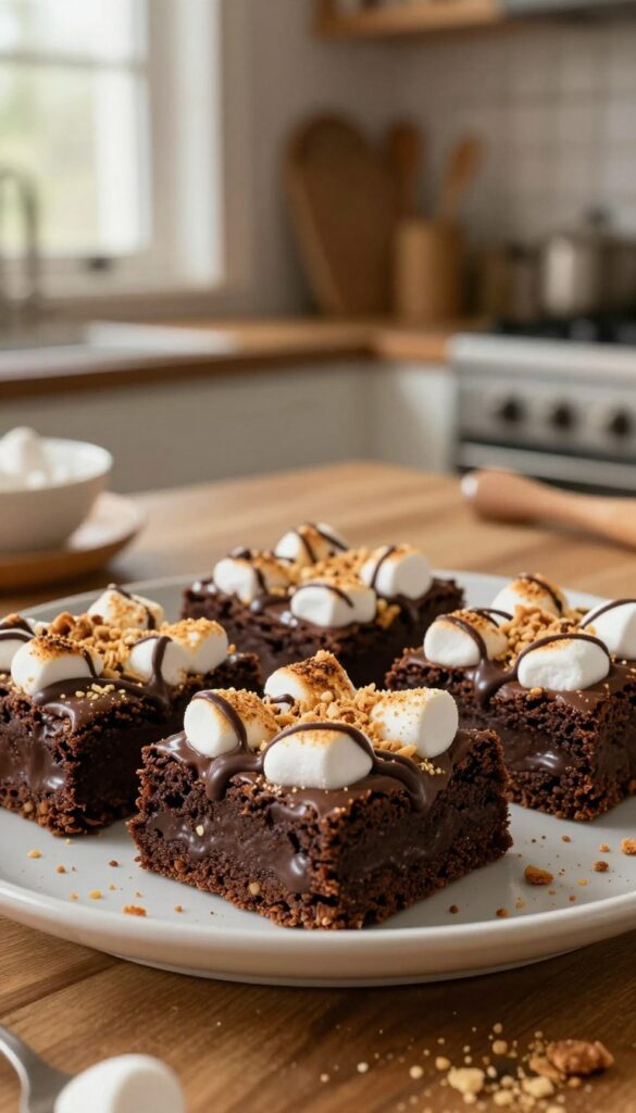 A close-up view of a delicious plate of s’mores brownies, showcasing layers of rich chocolatey brownie topped with toasted mini marshmallows, melted chocolate drizzles, and crushed graham crackers. The foreground features the brownies cut into perfect squares, glistening under soft, warm lighting that highlights their fudgy texture. In the middle, a few brownies are slightly askew, inviting a taste. The background includes a cozy kitchen setting, with a wooden table and a softly blurred backdrop of cooking utensils and a rustic window letting in gentle, natural light, creating an inviting and homely atmosphere. The mood is indulgent and comforting, perfect for dessert lovers.