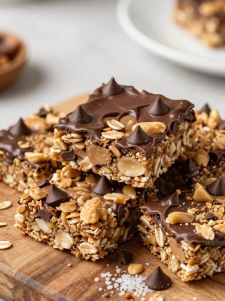 A close-up view of a deliciously arranged stack of no-bake peanut butter chocolate chip granola bars, showcasing their chewy texture and rich color. The bars are studded with mini chocolate chips and drizzled with a glossy layer of chocolate on top. Surrounding the bars are scattered oats, crushed nuts, and a sprinkle of sea salt, emphasizing their wholesome ingredients. In the background, a rustic wooden cutting board and a clean white plate enhance the homemade feel. Soft, natural light spills in from the side, casting gentle shadows that highlight the bars' texture. The atmosphere is warm and inviting, evoking a sense of healthy indulgence and culinary creativity.